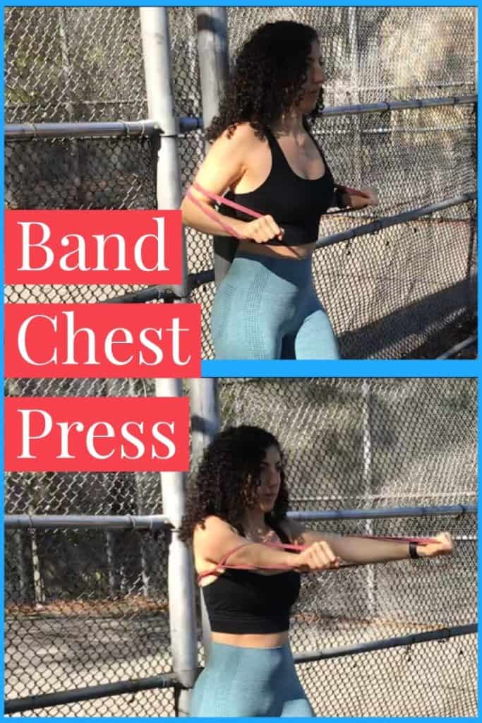 band-exercise-for-chest standing chest press: brittany pressing a band straight out in front of her that is anchored to a pole behind her