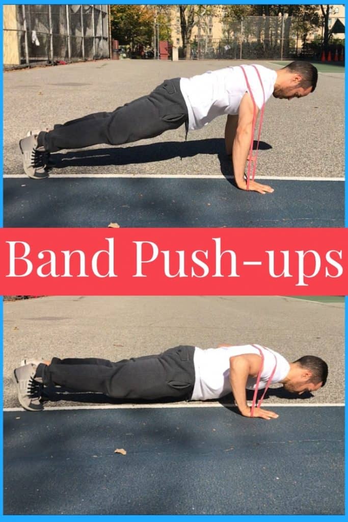 band-push-ups: alex doing push-ups with a resistance band around his back