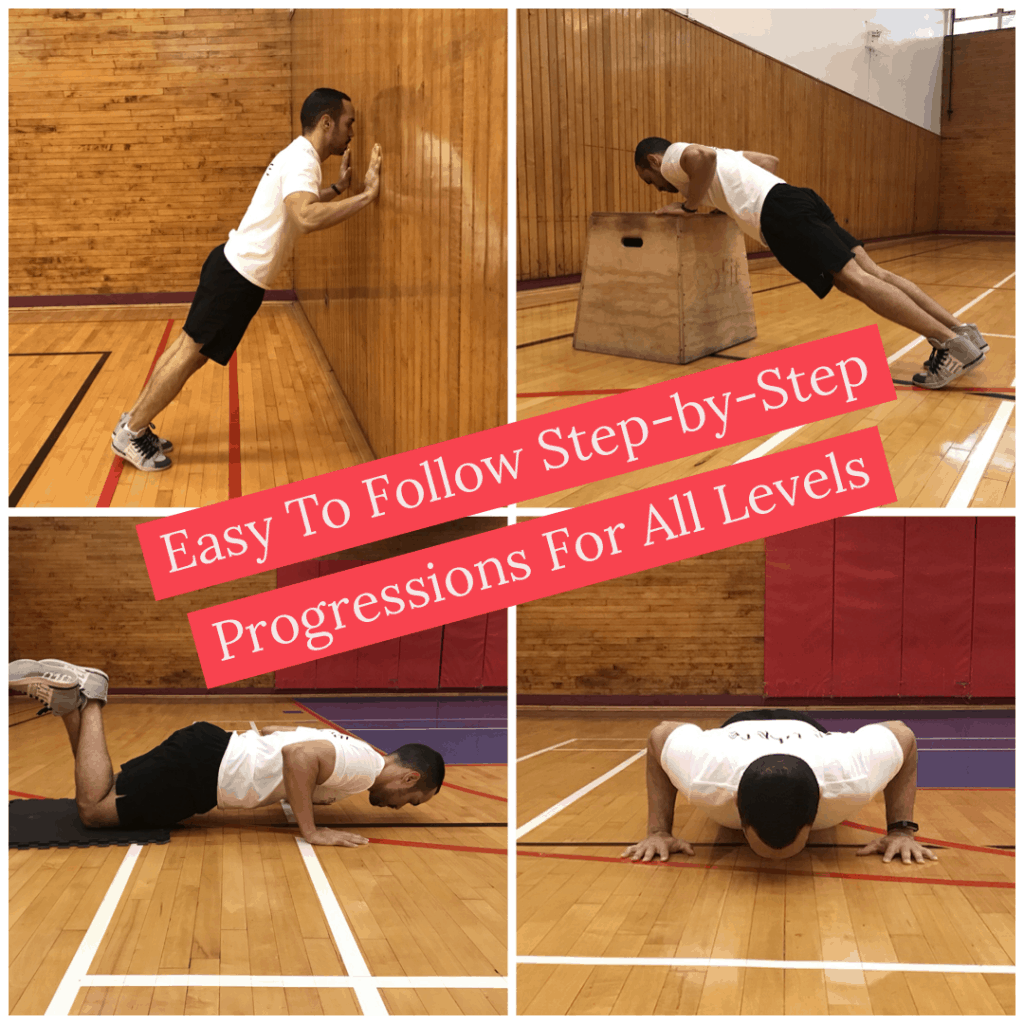 four different push-up-progressions- wall pushup-incline pushup, kneeling pushup, standard pushup
