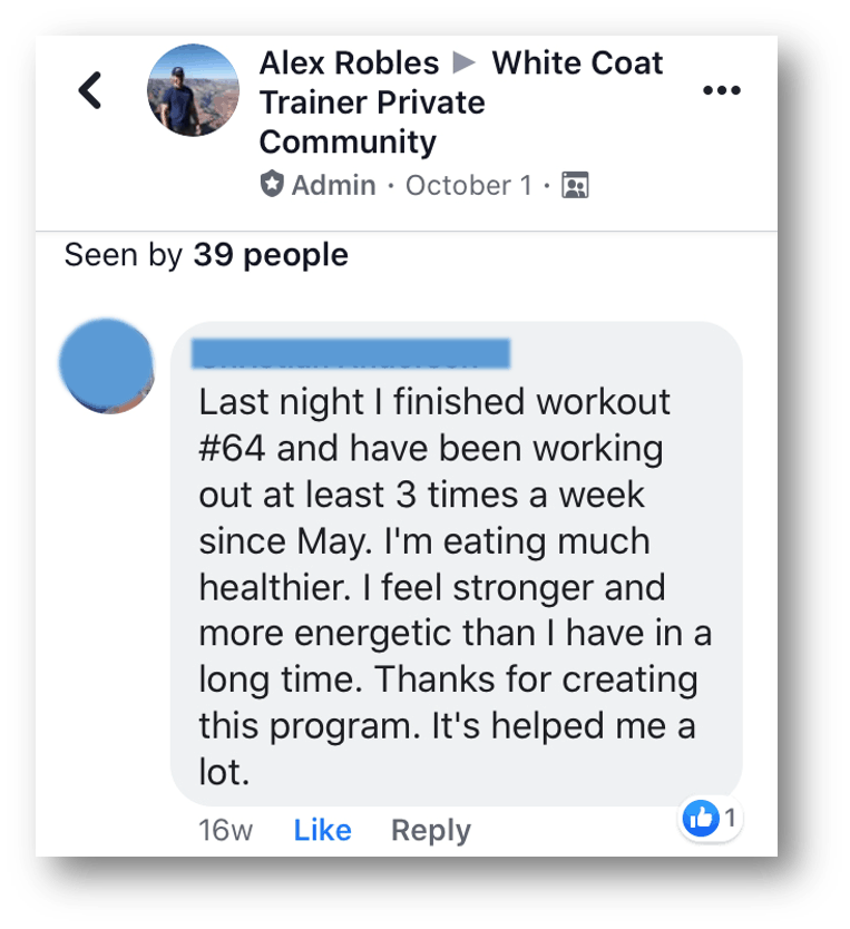 testimonial from the facebook group
