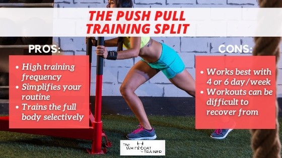 push-workout-split-pros-cons: Pros: • High training frequency• Simplifies your routine• Trains the full body selectivelyCons: Works best with4 or 6 day/weekWorkouts can be difficult to recover from