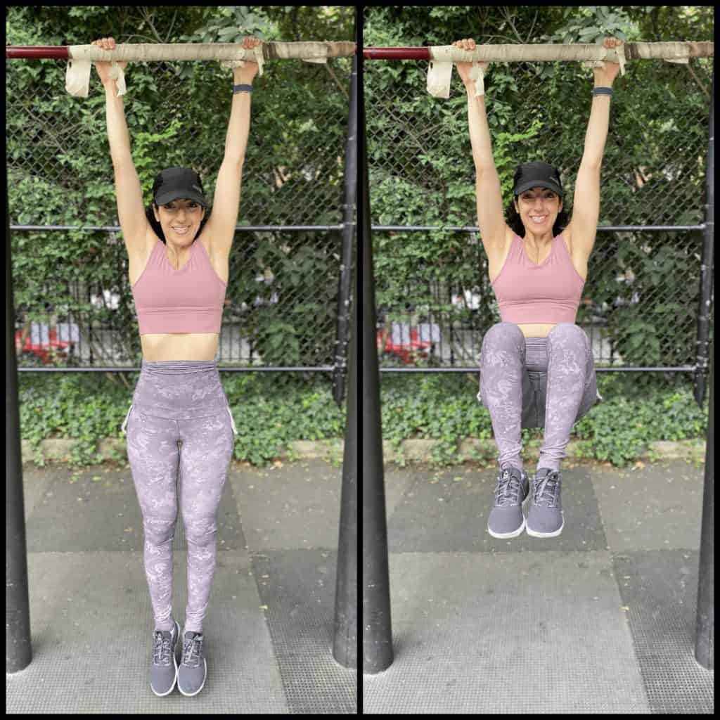 brittany hanging from a bar as she brings her knees up toward her chest