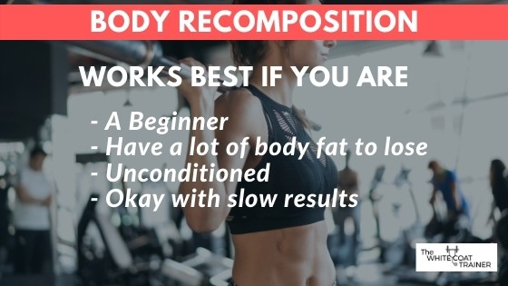 body-recomposition works best if you are a beginner, have a lot of fat to lose, unconditioned, or okay with slow results