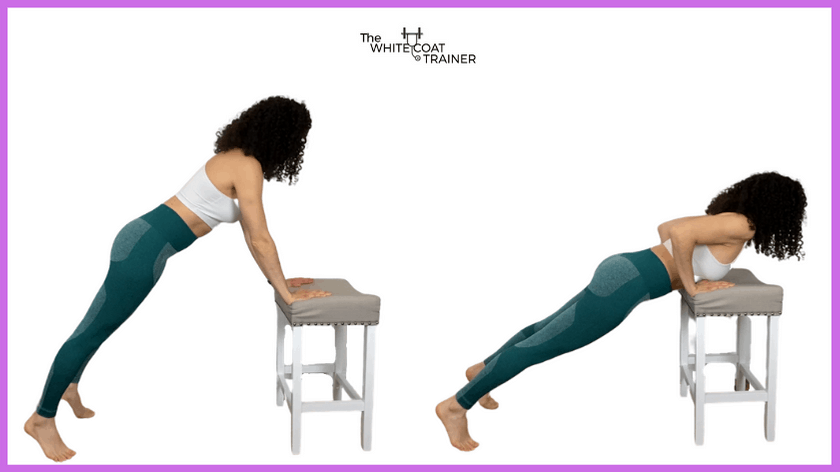 brittany doing a pushup on an incline with her hands elevated on a tall stool