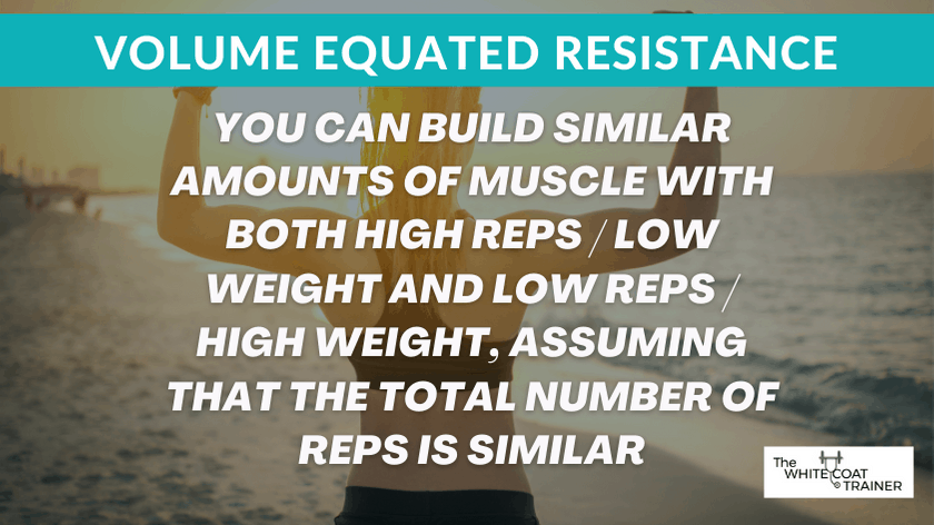 VOLUME EQUATED RESISTANCEYOU CAN BUILD SIMILAR AMOUNTS OF MUSCLE WITHB OTH HIGH REPS/LOW WEIGHT AND LOW REPS/HIGH WEIGHT, ASSUMING THAT THE TOTAL NUMBER OFREPS IS SIMILAR