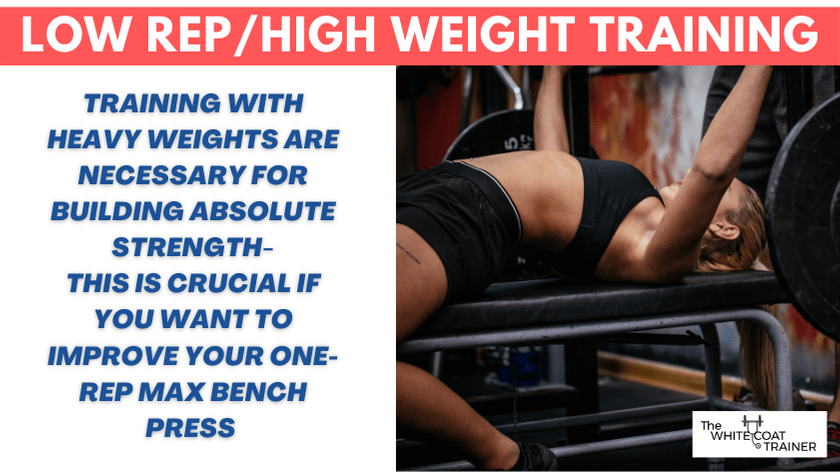 Low Rep/High weight training: TRAINING WITHH EAVY WEIGHTS ARE NECESSARY FOR BUILDING ABSOLUTE STRENGTH-THIS IS CRUCIAL IFYOU WANT TO IMPROVE YOUR ONE-REP MAX BENCHPRESS