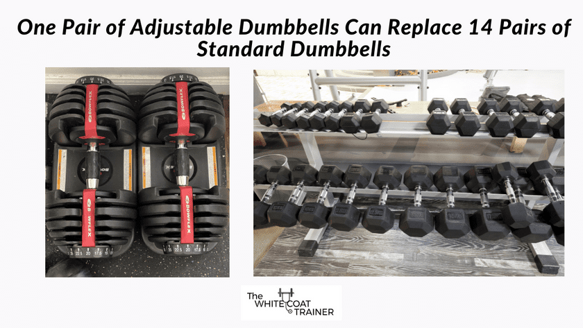 image of adjustable dumbbells next to a rack of standard dumbbells