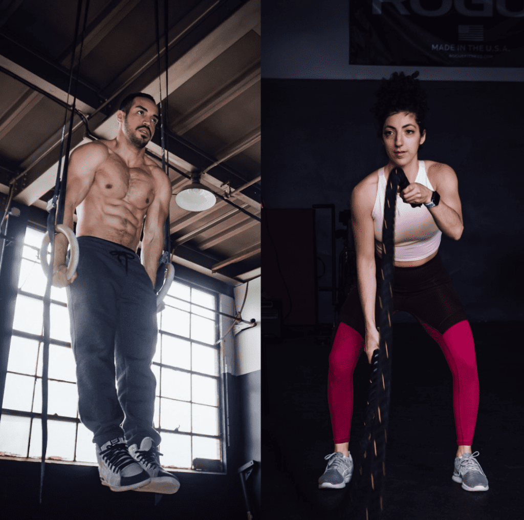 alex on rings, brittany on battle ropes
