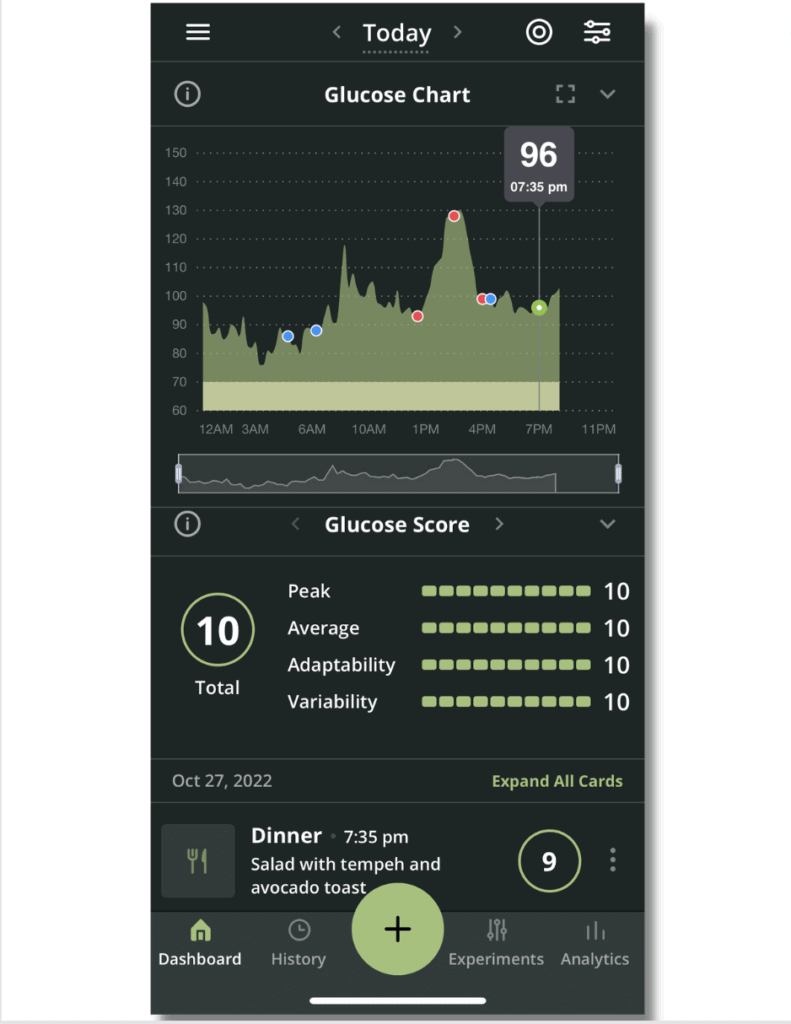 Daily score showing 10/10 in the Nutrisense CGM App