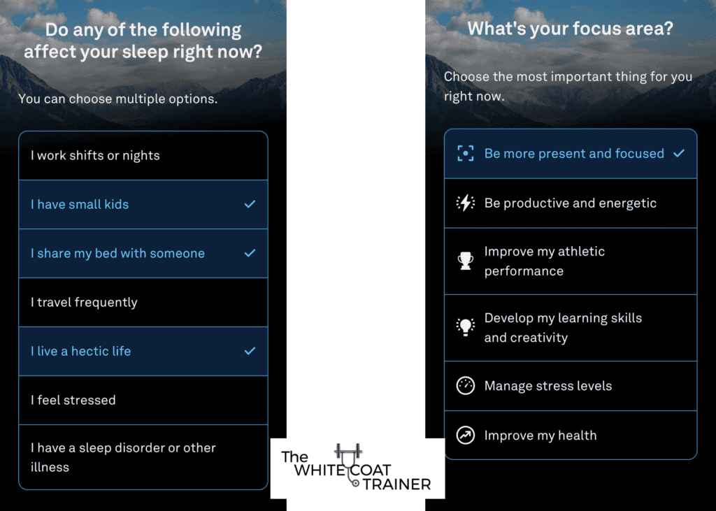 screenshot of app asking onboarding questions - regarding goals and sleep factors