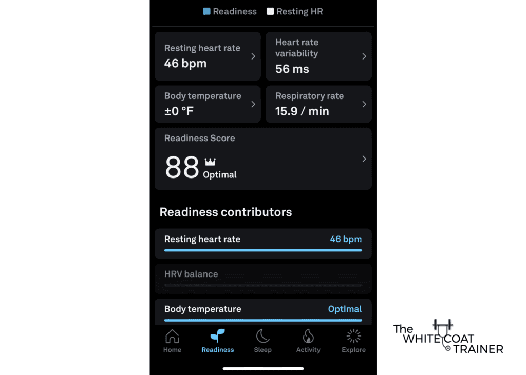 Oura ring app dashboard readiness score of 88 and data being tracked