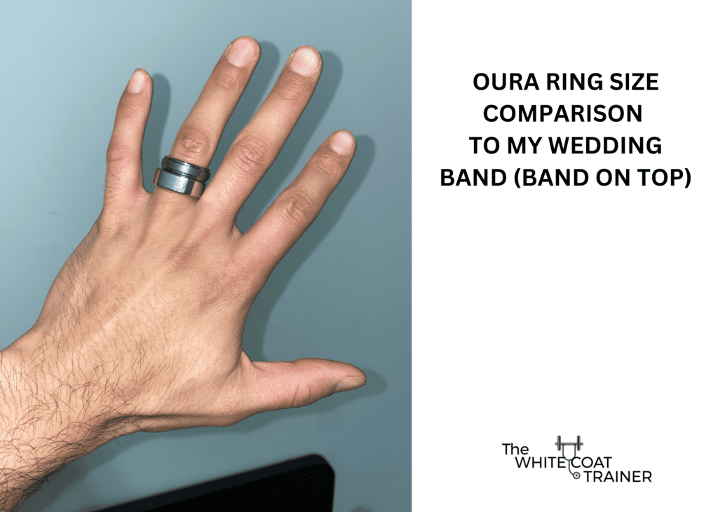 showing the size of the oura ring on my ring finger next to my wedding band