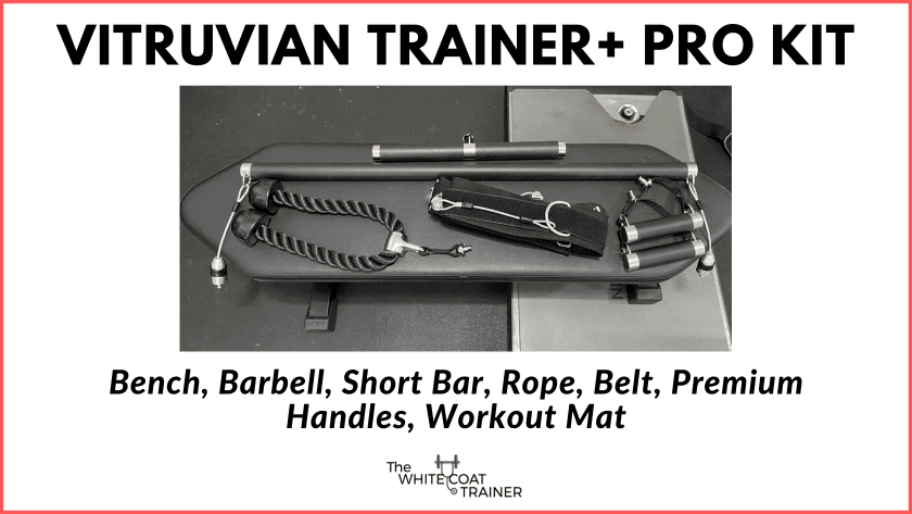 image of vitruvian pro kit showing bench, handles, barbell, handles, and belt